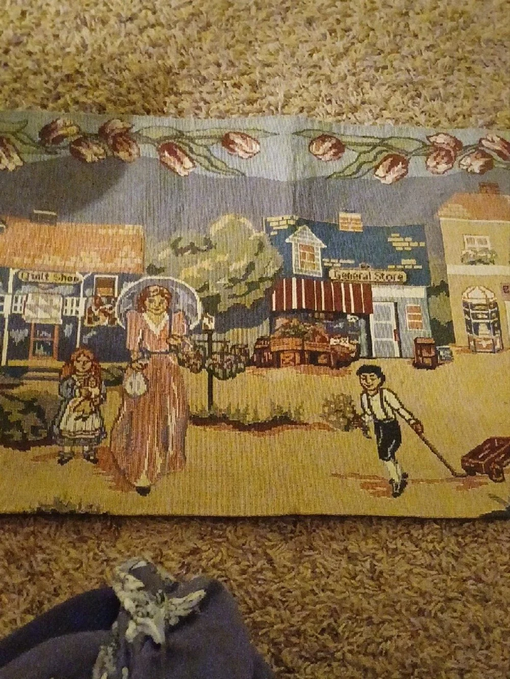 Vintage Tapestry Panel with Gazebo and Figures - Multi Color